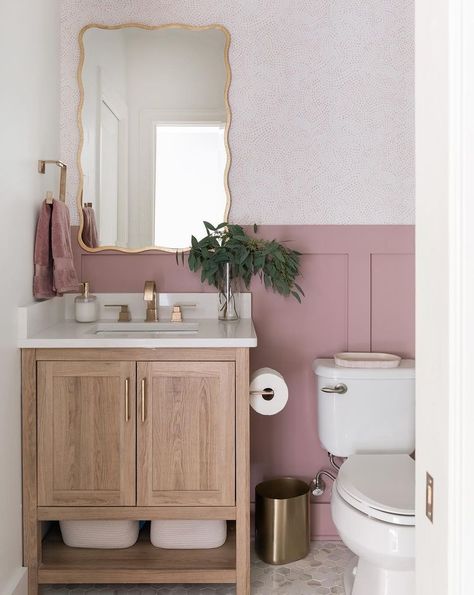 Katie | Nashville Interior Designer | teen bathroom reveal✨ I am so excited to finally reveal this sweet teen bathroom as the first post of 2024!! One of my favorite colors to… | Instagram Blush And White Bathroom, Light Pink Powder Room, Bright Guest Bathroom, Pink Wainscoting Bathroom, Small Powder Room Tile Ideas, Blush Powder Room, Small Girls Bathroom Ideas, Cute Bathroom Ideas For Teen Girl, Small Bathroom Ideas Girly