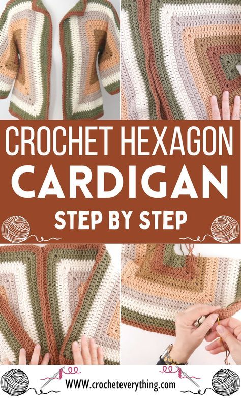 Crochet Hexagon Cardigan Beginner Crochet Sweater, Crochet Cardigan Free Pattern, Crochet A Cardigan, Hexagon Crochet Pattern, Cardigan Free Pattern, Cardigan Tutorial, Hexagon Cardigan, Crochet Cardigan Free, Hexagonal Pattern