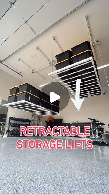 Ceiling Storage and More on Instagram: "Garage STORAGE done right 👍🏼" Apartment Garage Storage, Garage Eaves Storage, Kayak Ceiling Storage, Small Garage Layout, Retractable Garage Ceiling Storage, Garage Suspended Storage, Ideas For Garage Storage, High Garage Storage, Garage Organization Ceiling