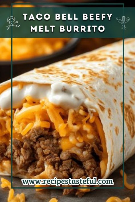 Recreate the cheesy, crunchy goodness of Taco Bell's Beefy Melt Burrito at home with this easy-to-follow recipe. Packed with seasoned beef, Mexican rice, and crispy chips, it’s perfect for a satisfying meal. Taco Bell Beefy Melt Burrito, Cheesy Bean And Rice Burrito Taco Bell, Beefy Cheesy Burritos, Crunchy Burritos, Beef Rice Burrito, Beef And Rice Burrito Recipe, Beefy 5 Layer Burrito Recipe, Burritos Beef Ground, Beef And Cheese Burritos