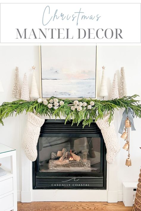 Transform Your Mantel with These 6 Easy Steps for a Coastal Christmas Coastal Christmas Bedroom, Coastal Christmas Mantle, Coastal Christmas Tree, Norfolk Pine, Mantel Design, Coastal Artwork, Holiday Mantel, Fabric Tree, Christmas Mantel Decorations