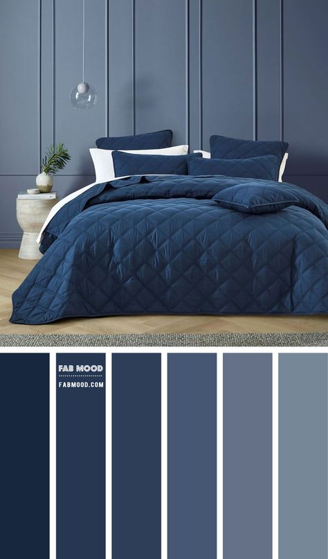 Blue Color Bedroom Design, Dusty Blue Bedroom Decor, Matte Blue Bedroom, Midnight Blue Color Palette Master Bedrooms, Bedroom Colour Palette Blue, Blue Colour Palette For Bedroom, Dusty Blue Bedroom Walls, Denim Blue Bedroom, Navy Blue Combination