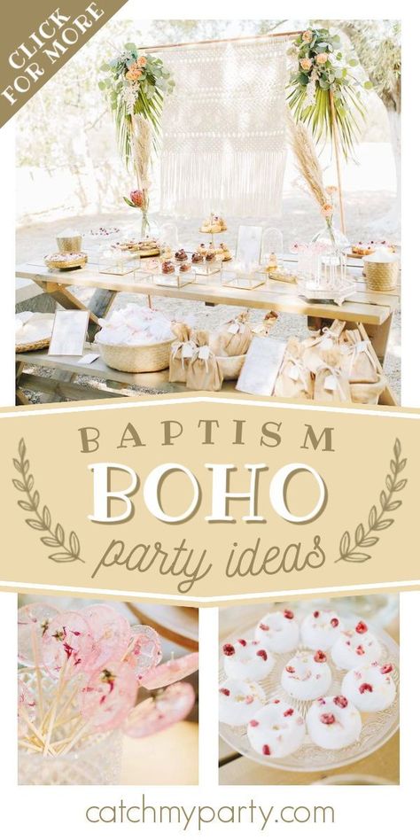 Boho Bautizo Decor, Boho First Communion Party, Boho Theme Desserts, Boho 1st Birthday Dessert Table, Boho Treats Ideas, Baptism Party Food, Boho Baptism Cake, Boho Baptism, Baptism Food Ideas