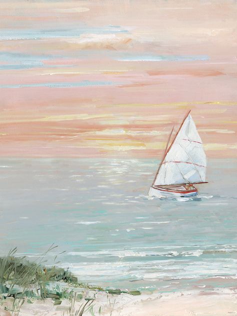 Come Sail Away by Sally Swatland is produced with printing that covers the entirety of the canvas for a sleek and stylish museum-quality look. Our framed prints are made by expert craftsmen who strive to make each canvas the masterpiece that your home deserves. Each of our framed canvas art prints is hand-crafted and made-to-order to give it a high quality and professional appearance. To ensure the clearest, most accurate depiction of the artists' original vision, we print each work of art on br Beachy Prints, Sunset Sailboat, Girly Dorm, Sailboat Wall Art, Summer Wall Art, Coastal Painting, Room Prints, Bacon Egg, Beach Painting