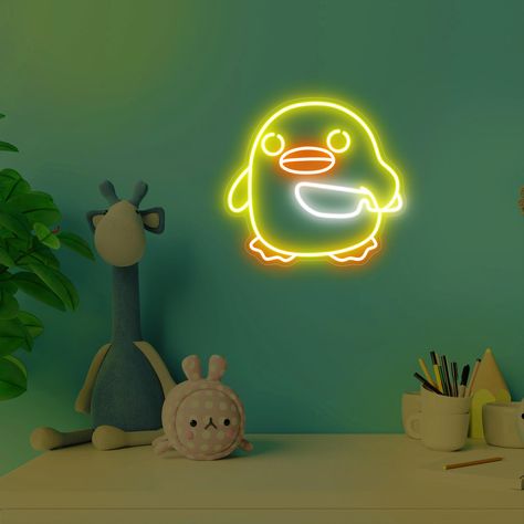 Add a quirky and humorous touch to your space with this "Duck with Knife" Neon Sign. Crafted with vibrant neon lights, this sign features a whimsical design that blends innocence with a hint of mischief. Perfect for eclectic decor, themed rooms, or as a conversation starter, it adds a unique and playful vibe to any setting. Whether you're decorating a bedroom, man cave, or creating a themed bar area, let this neon sign bring a touch of whimsy and intrigue to your space. Specifications: Materials: Neon glass, acrylic backing Power Source: 12V adapter with a standard power cord of 4.5 feet in length. Installation method : Hanging & Mounting Warranty: 12 months Ideal for: 🚚 Shipping Method: We only ship our items by DHL and FedEx.  For further information, chat with us on Etsy! Led Light Design Ideas, Duck Room Decor, Duck With Knife, Bedroom Neon, Themed Rooms, Led Light Design, Cute Duck, Neon Sign Bedroom, Kids Signs