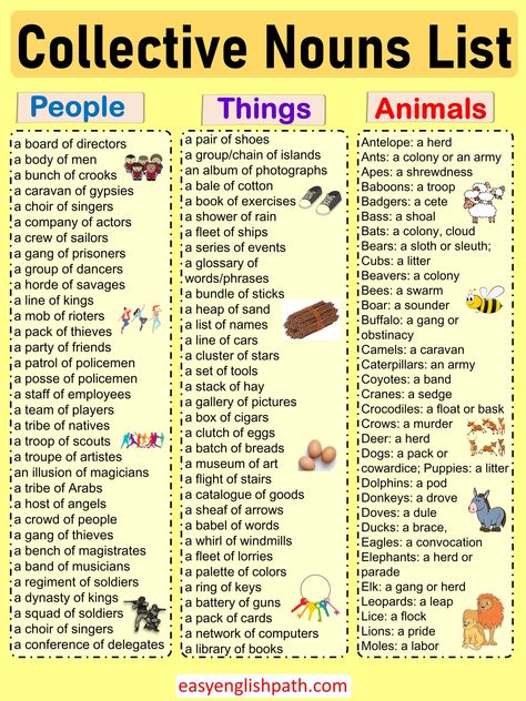 Comprehensive List of English Collective Nouns with Examples. collective Nouns in english Collective Nouns List, Countable Nouns, Nouns In English, Fleet Of Ships, Easy English, Collective Nouns, Basic English, Learn English Grammar, Unique Words