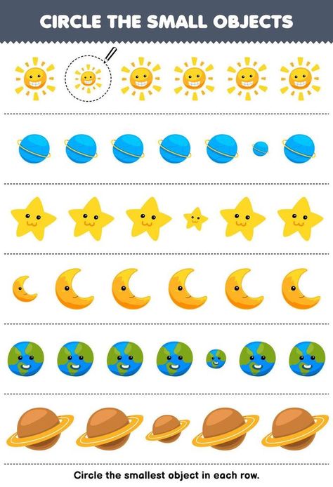 Education game for children circle the smallest object in each row of cute cartoon sun planet star moon printable nature worksheet Moon Worksheets For Kids, Planets Worksheets For Kids, Sun Worksheet, Nature Worksheet, Space Worksheets, Soal Tk, Sun Planet, Sun Activity, Tata Surya