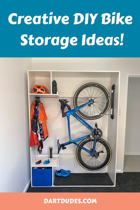 Innovative DIY bike storage solution with bike mounted on the wall and gear neatly organized. Diy Bike Storage, Standing Bike Rack, Best Toy Storage, Bike Storage Ideas, Wall Mount Bike Rack, Vertical Bike Rack, Bike Rack Garage, Bike Storage Solutions, Bike Storage Garage