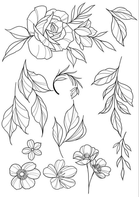 Linework Tattoo Practice, Leaf Stencil Tattoo, Flower Tattoo Sketch Ideas, Tattoo Leaves Design, Neotraditional Tattoo Linework, Flower Stencils Tattoo, Leaves Outline Tattoo, Flower Tattoo Reference, Floral Design Outline