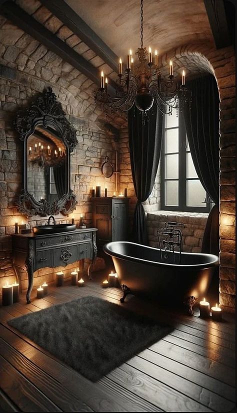 Gothic Bathroom Ideas, Gothic Bathroom Decor, Bohemian Bedroom Inspiration, Gothic Bathroom, Iron Chandelier, Victorian Bathroom, Wooden Vanity, Wrought Iron Chandeliers, Brown House