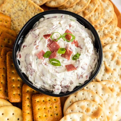 Chipped Beef Dip - Take Two Tapas Burnt Ends Dip Recipe, Budding Beef Dip, Buddig Beef Dip, Chip Beef Dip, Dried Beef Dip, Chipped Beef Cheese Ball, Beef Cheese Ball, Chipped Beef Dip, Sour Cream Dip Recipes