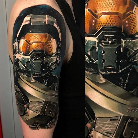 Halo Tattoo, Halo Video Game, Hunter Tattoo, Cardboard Costume, Video Game Tattoo, Gaming Tattoo, Marvel Superheroes, Master Chief