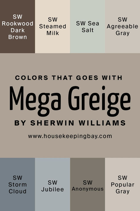 Mega Griege Bedroom, Perfect Greige Accent Colors, Sw Mega Greige Coordinating Colors, Perfect Griege Sherwin Williams Exterior, Stone Eagle Sherwin Williams, Mega Griege Cabinets, Mega Greige Coordinating Colors, Living Room Colors With Accent Wall, Sherwin Williams Woodbridge