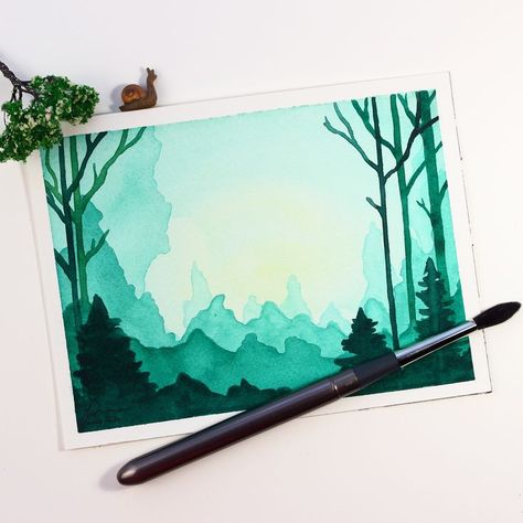 Simple and easy monochromatic landscape Monochromatic Drawing Easy, Monochromatic Watercolor Painting Easy, Green Monochromatic Painting, Monochromatic Landscape Painting, Monochromatic Painting Easy, Monochromatic Art Painting, Monochromatic Painting Ideas, Monotone Art, Monochromatic Landscape