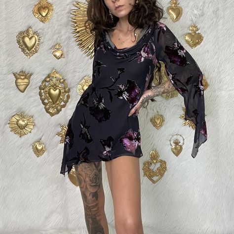 Vintage Y2K Asymmetric Silk Velvet Burnout Mini Slip... - Depop Burnout Velvet Wedding Dress, Velvet Burnout Dresses, Ingenue Ethereal, Anthropologie Velvet Slip, Velvet Burnout Kimono, Natural Gamine, Ethereal Essence, Velvet Burnout, Burnout Velvet