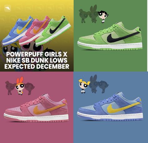 Nike SB Power Puff Dunks, Nike Powerpuff Girl, Powerpuff Dunks, Blossom Bubbles And Buttercup, Cute Casual Shoes, Birthday Vibes, 2024 Wishlist, Black Jokes, Pretty Shoes Sneakers