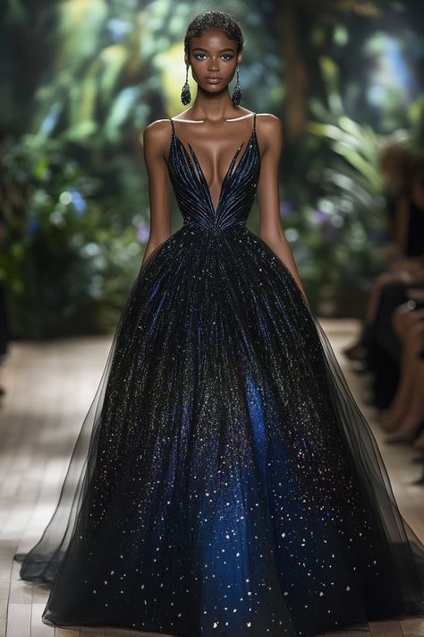 George Hobeika Couture, Dark Blue And Gold Dress, Celestial Ball Gown, Fae Wedding Dress, Ballroom Outfit, Celestial Gown, Movie Premiere Outfit, Midnight Gown, Masquerade Ball Dresses