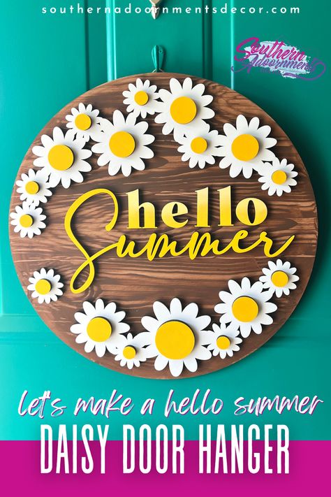 I’m so excited about this door hanger we are painting together! It’s a “Hello Summer” Sign Daisy Door Hanger that has multiple 3D elements. I’m also pulling out a fun wood grain tool that I have had in my craft closet for a while! This design is also a design that I got for FREE from Creative Fabrica! Hello Summer Door Hanger, Welcome Signs Front Door, Door Hangers Diy, Wooden Door Signs, Summer Door Hanger, Summer Signs, Door Signs Diy, Front Door Signs, Diy Outdoor Decor