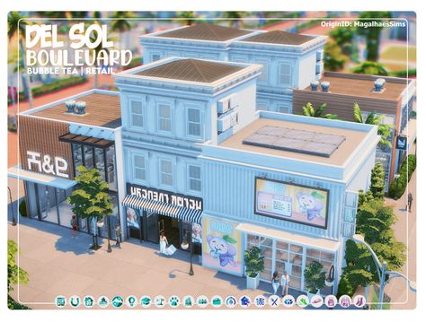 DEL SOL BOULEVARD - MAXIS-MATCH CC BUILD Sims 4 Houses Del Sol Valley, Del Sol Valley Sims 4, Del Sol Valley Sims 4 House, Sims 4 Del Sol Valley, Bubble Tea Store, San Myshuno, Tea Store, Sims 4 Build, Dreamy Room