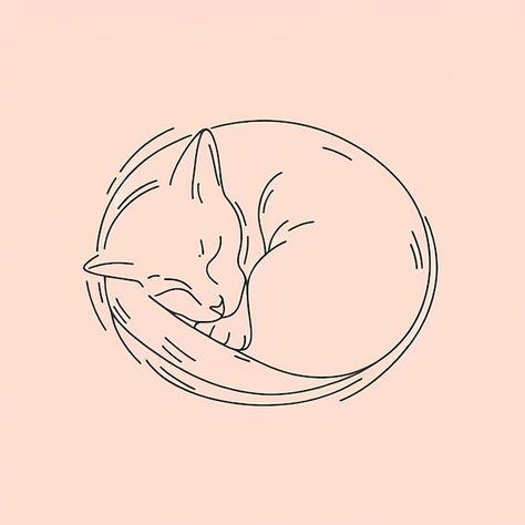 Curled Up Cat Illustration, Curled Cat Drawing, Cat Curled Up Drawing, Curled Up Cat, Drawing Of A Cat, Neck Drawing, Line Art Drawing, Cat Illustration, Line Art Drawings