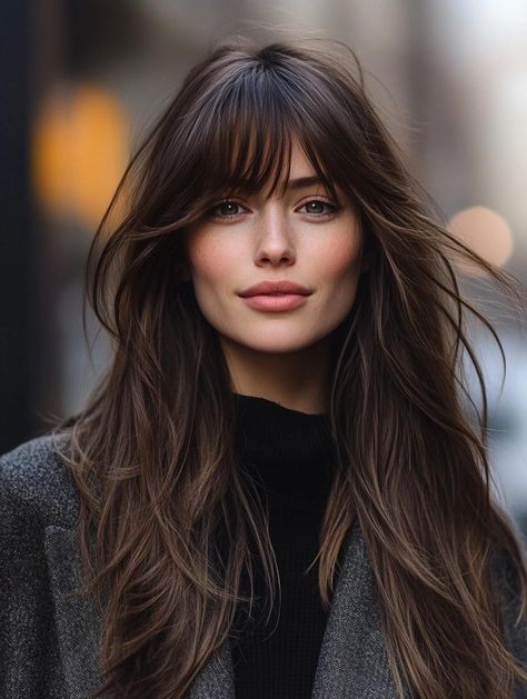 Fringe Long Layered Hair, Medium Brown Hair Curtain Bangs, Curtain Layers Hair, Chocolate Brown Hair With Layers And Curtain Bangs, Straight Long Hair With Curtain Bangs, Curtain Bangs Widows Peak Hair, Curtain Bangs Long Hair Balayage, Long Elegant Hair, Bangs With Long Layered Hair