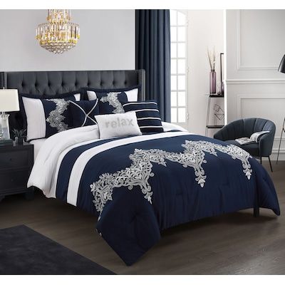 Navy Bedding, Blue Comforter Sets, Elegant Bedding, Comforter Bedding Sets, White Damask, King Comforter Sets, Queen Comforter Sets, Queen Comforter, King Comforter