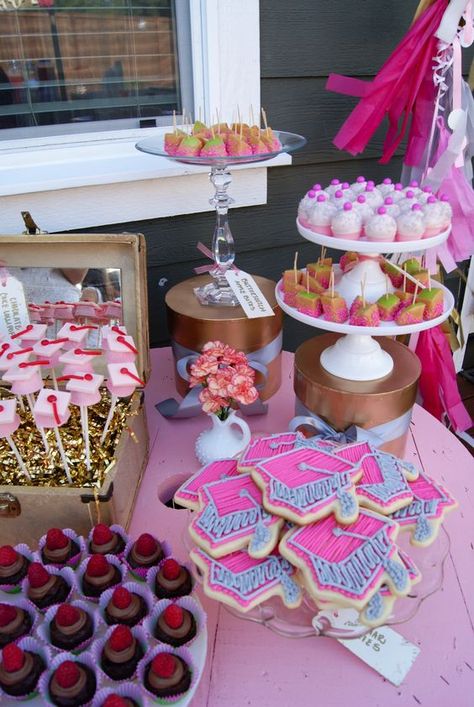 21 Best Graduation Party Themes To Recreate in 2024 - She Be Thriving Girly Graduation Party Ideas, Graduation Theme Party Ideas, Pink Grad Party Ideas, Girly Graduation Party, Grad Party Food Ideas, Graduation Party Theme Ideas, Grad Party Themes, Colorful Graduation Party, Grad Party Inspo