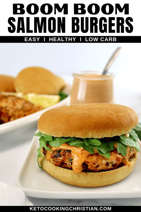 These Boom Boom Salmon Burgers are a delicious twist on the classic burger, with fresh salmon and zesty homemade boom boom sauce.  They're a quick and easy to make, flavorful sandwich perfect for lunch or dinner! Salmon Burger Sauce, Boom Sauce, Boom Boom Sauce, Salmon Burger Recipe, Salmon Burger, Classic Burger, Keto Salmon, Sauce For Salmon, Fresh Salmon