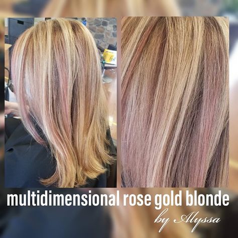 Blonde With Pops Of Color, Blonde With Rose Gold Highlights, Rose Gold Highlights Blonde, Blonde With Rose Gold, Golden Hair Color Ideas, Golden Hair Color, Cool Blonde Highlights, Rose Gold Blonde, Blonde Hair With Pink Highlights