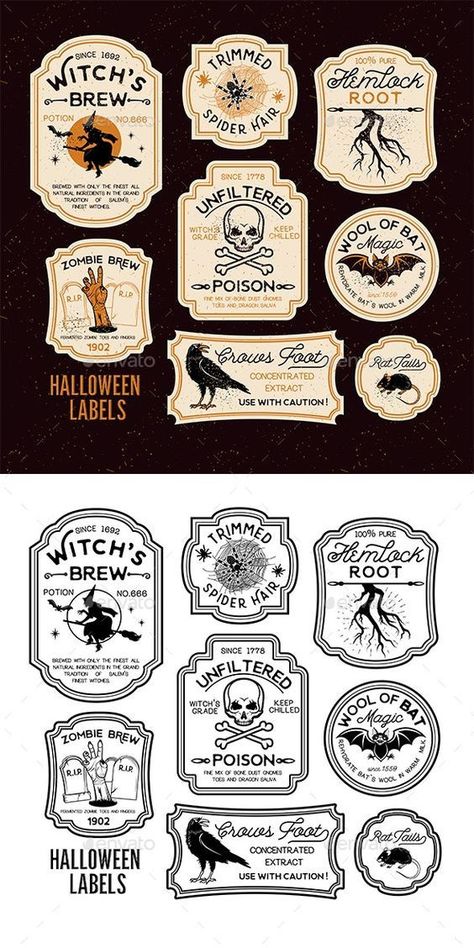 Halloween Bottle Labels, Stile Harry Potter, Halloween Apothecary, Apothecary Labels, Potion Labels, Halloween Bottles, Halloween Potions, Halloween Labels, Halloween Vintage