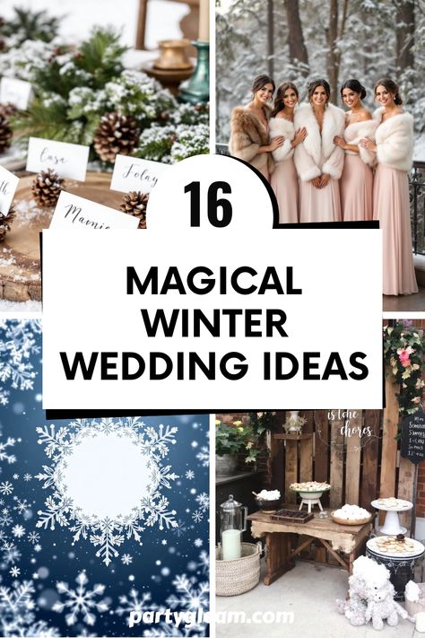 Planning a winter wedding? Discover 16 magical winter wedding ideas that bring the charm of a frosty fairytale to your special day. From cozy faux fur shawls for bridesmaids to adorable pine cone place card holders, each idea adds a unique touch to your celebration. Imagine snowflake-themed invitations setting the perfect vibe and a s'mores station for satisfyingly delicious late-night snacks. These romantic suggestions will transform your winter wedding into a warm and memorable affair, perfect for saying 'I do' in a winter wonderland setting. Inexpensive Winter Wedding Ideas, Winter Decor Wedding, January Wedding Reception Ideas, Winter White Wedding Decor, Winter Wedding Decorations Wonderland, Winter Wonderland Engagement Party, Outdoor Winter Wedding Ideas, Shawls For Bridesmaids, Winter Wedding Palette