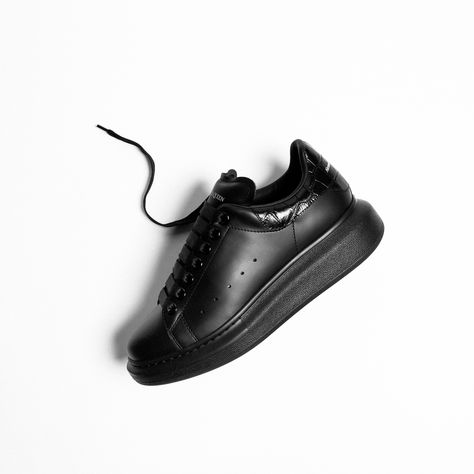 *CROC CHIC: Larry Croco Leather Sneaker in Black by Alexander McQueen #marais #alexandermcqueen #sneakers Luxury Black Leather Chunky Sneakers, Mc Queen Alexander Shoes, Alexander Mcqueen Sneakers Black, Alexander Mcqueen No.13, Black Alexander Mcqueen, March 3, Leather Sneakers, Alexander Mcqueen, Alexander