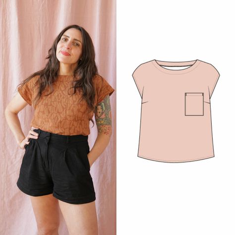 Free Tshirt Sewing Pattern, Sewing Tshirt Pattern, Cute Shirt Sewing Patterns, Simple Top Pattern Free Sewing, Simple Top Sewing Pattern, Drop Shoulder Shirt Pattern, Apparel Sewing Patterns, Shirt Sewing Pattern Free, Simple Top Pattern