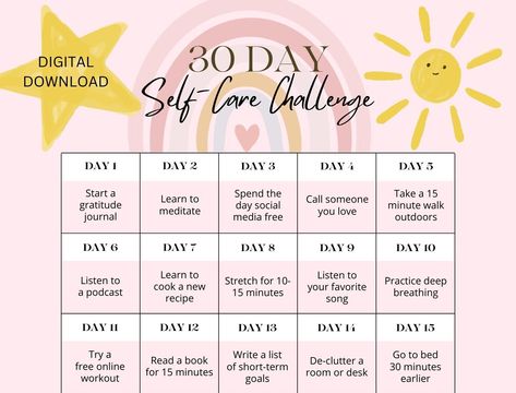 Printable 30 Day Self Care Challenge, Self Care, 30 Day Challenge by GabbieGrayDesigns on Etsy Challenge Self Care, 30 Day Self Care Challenge, 30 Day Self Care, Gratitude Day, Self Care Challenge, Daily Routine Planner, Flower Planner, Weekly Organization, Positive Affirmation Cards