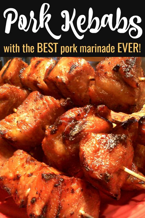 Bbq Pork Kabobs On The Grill, Pork Kabob Recipes, Pork Kabobs On The Grill Marinade, Pork Kebab Marinade, Pork Tenderloin Kabobs On The Grill, Pork Kebabs In The Oven, Pork Belly Marinade Recipe, Pork Grill Recipes, Pork Skewers Marinade