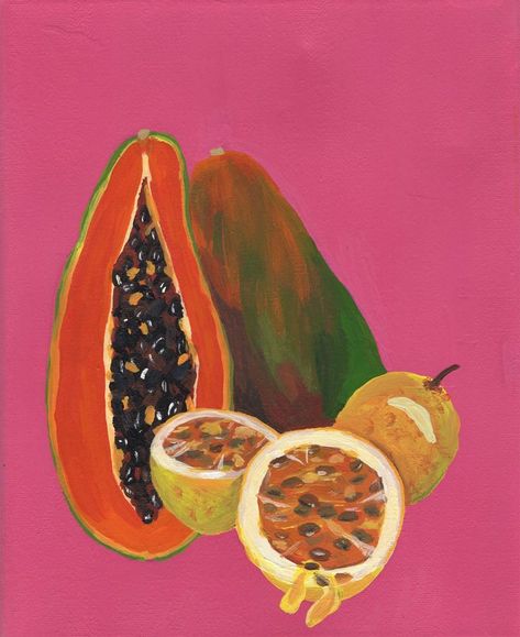 This painting came about through a friend's suggestion while I was trying to finish a Puerto Rican pride painting. She called it a seductive fruit assortment, which I love. #parcha #passionfruit #papaya #bright #pink #fruit #tropical #tropicalfruit #colorful #ashleyrivera #ashleyriveraart Passion Fruit Painting, Fruit Assortment, Ashley Rivera, Puerto Rican Art, Watermelon Painting, Disabled Artists, Papaya Art, Puerto Rican Pride, Painting Reference