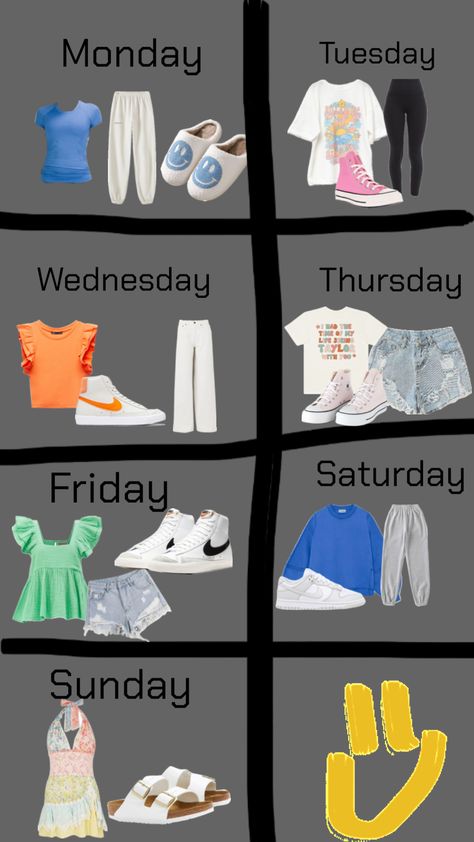 If the days of the week were people this is what I think the different days would wear!#day#clothes What To Wear Every Day Of The Week, What To Wear On A Monday To School, Weekly Outfit Planner For School, What To Wear Each Day Of The Week, Day Of The Week Outfits, What To Wear To School In Spring, What To Wear For Picture Day At School, Week Outfits For School, Outfit Ideas For The Week