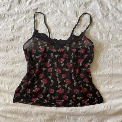 00s mesh cami top from George Mesh rose print with... - Depop Mesh Cami Top, Y2k Cami Top, Hollister Style, Y2k Cami, Dr Closet, Virtual Wardrobe, Concert Fits, Floral Outfit, Pinterest Closet