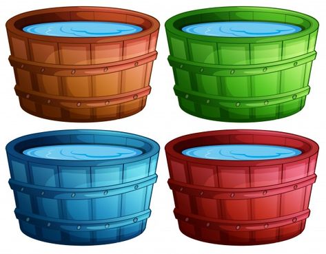 Free Vector | Illustration of four different color buckets Bus Skin Design, Wooden Bucket, Math Materials, Anime Paper, Card Games For Kids, Packaging Template, Human Body Systems, Puppet Making, Color Drawing