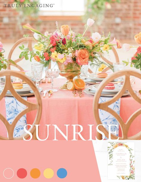 Summer Wedding Color Palette Flowers, Sunrise Color Palette Wedding, 2023 Wedding Trends Color Schemes Summer, Wedding Color Schemes Colorful, Sunset Colour Wedding, Sunset Wedding Palette, Sunrise Wedding Colors, Summer Wedding Colors Bright, Wedding Schemes Colour Palettes