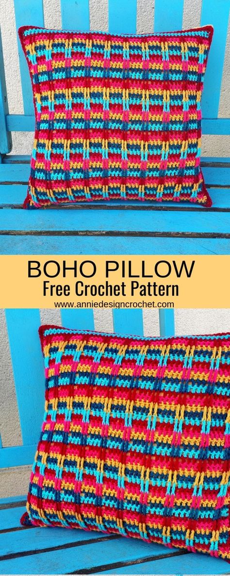 Boho Pillow – Free Crochet Pattern – Annie Design Crochet Scrap Yarn Crochet Pillow, Crochet Square Pillow, Crocheted Pillows, Crochet Pillow Patterns Free, Crochet Cushion Pattern, Beau Crochet, Cushion Cover Pattern, Pillow Covers Pattern, Pillow Crochet