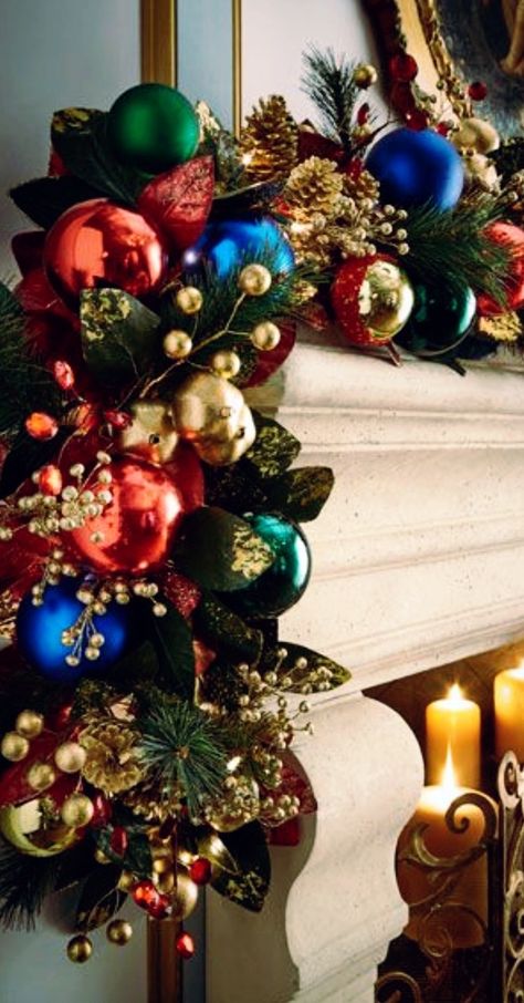 Jewel Tone Christmas, Blue Christmas Decor, Christmas Tablescape, Gold Christmas Decorations, Christmas Tree Inspiration, Christmas Mantle, Christmas Fireplace, Theme Color, Christmas Mantels