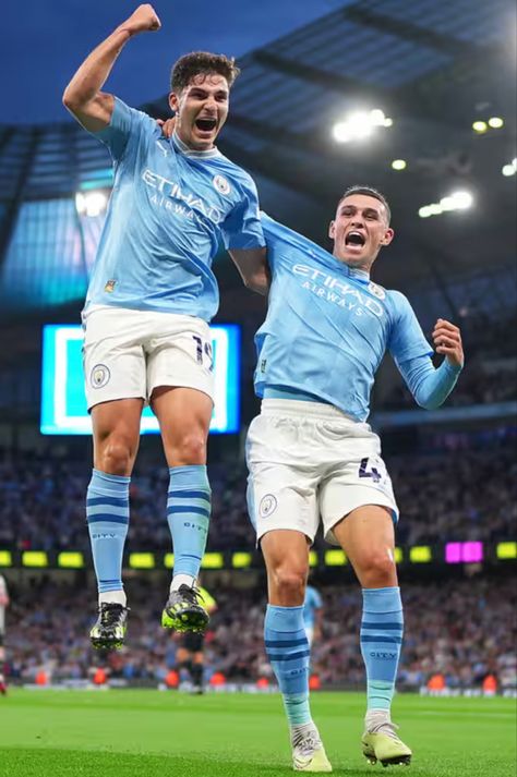 Winners: Goal scorer Julian Alvarez celebrates with teammate and man of the match Phil Foden after scoring. Photograph: Lexy Ilsley/Manchester City/Manchester City FC/Getty Images Premier League Winners, Julian Alvarez, Goal Celebration, Phil Foden, Man Of The Match, Newcastle United, Man City, Man United, Manchester City