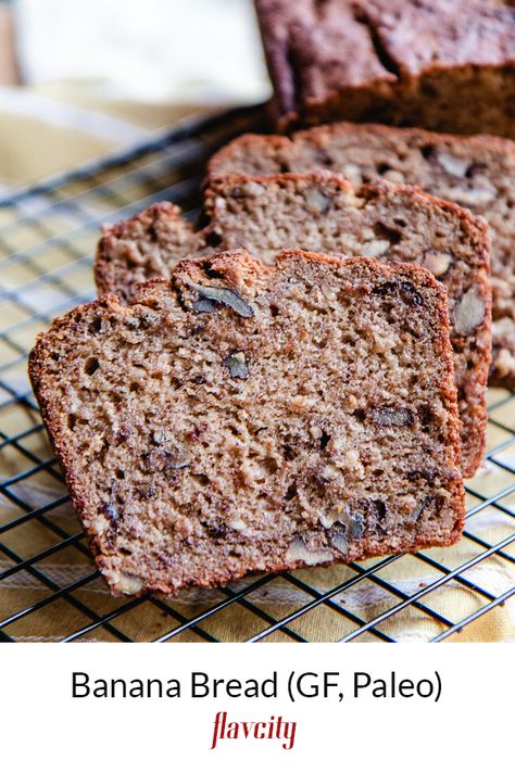 Gluten free banana bread recipe. Healthy Gluten Free Banana Bread, Flavcity Recipes, Banana Bread Gf, Flav City, Paleo Banana Bread Recipe, Dairy Free Banana Bread, Bobby Approved, Gluten Free Banana Bread Recipe, Banana Bread Loaf