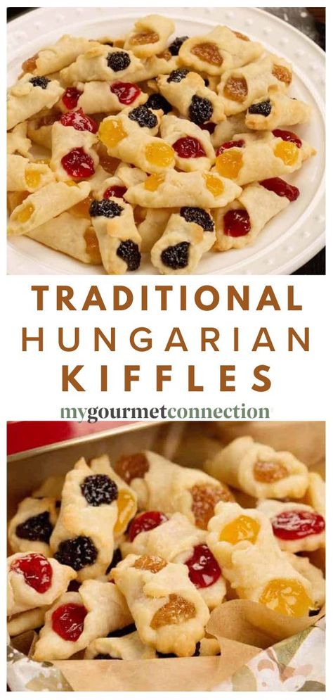 Hungarian Recipes Appetizers, Hungarian Kifli Cookies, Walnut Kiffles Recipe, Hungarian Kolaches Recipe, Kiffles Recipe Christmas, Easy Hungarian Recipes, Hungarian Pastry Recipes, Kiffles Recipe Hungarian, Filled Cookie Recipes