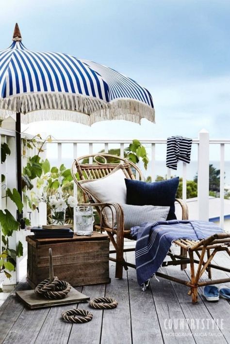 Outdoor Living Inspiration and Progress - Nesting With Grace Beach House Patio, Strand Decor, Interior Design Minimalist, Nautical Home, Design Del Prodotto, Cool Ideas, Coastal Cottage, Patio Umbrellas, Coastal Homes