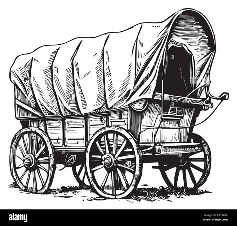 Old Western Towns Drawing, Covered Wagon Drawing, Wagon Drawing, Western Sketches, Ink Reference, Covered Wagons, Town Drawing, Old Western Towns, Wood Wagon