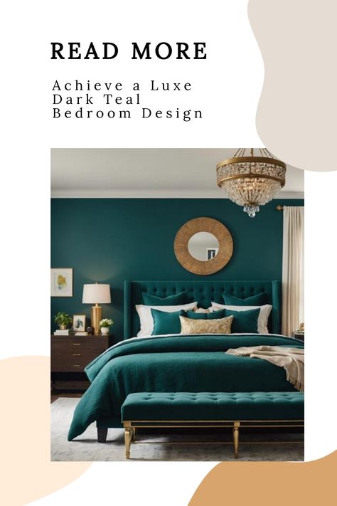 Luxurious bedroom with dark teal decor, tufted headboard, and chandelier. Teal Bedroom Paint, Dark Teal Bedroom Ideas, Teal Bedroom Designs, Dark Teal Bedroom, Teal Bedroom Ideas, Cozy Colors Palette, Ensuite Bathroom Designs, Teal Accent Walls, Modern Bedroom Colors