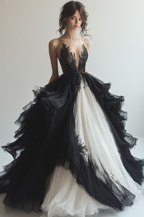 White And Black Ombre Wedding Dress, Black Swan Wedding Dress, Gothic Wedding Dress Black And White, Morticia Addams Wedding Dress, Goth White Wedding Dress, Mundane Halloween, Corpse Bride Dress, Fantasy Wedding Dress, Black And White Gown