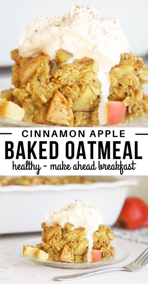 Apple cinnamon baked oatmeal is an easy and healthy make ahead breakfast for kids and a healthier and more filling form of classic apple pie. Filled with heart healthy oats, chopped apples and sweetened with honey this recipe is a family favorite! Make Ahead Breakfast For Kids, Apple Pie Baked Oatmeal, Apple Baked Oatmeal, Apple Cinnamon Baked Oatmeal, Cinnamon Baked Oatmeal, Healthy Oats, Baked Cinnamon Apples, Breakfast Baking, Healthy Make Ahead Breakfast